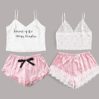 V-neck printed bra suspender pajamas 女式V领印花文胸吊带睡衣