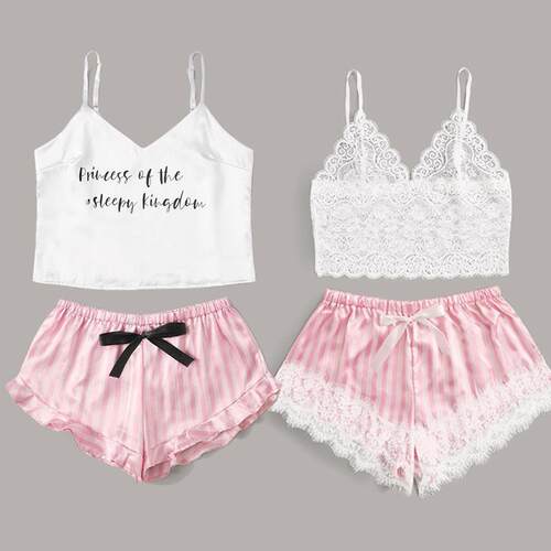 V-neck printed bra suspender pajamas 女式V领印花文胸吊带睡衣