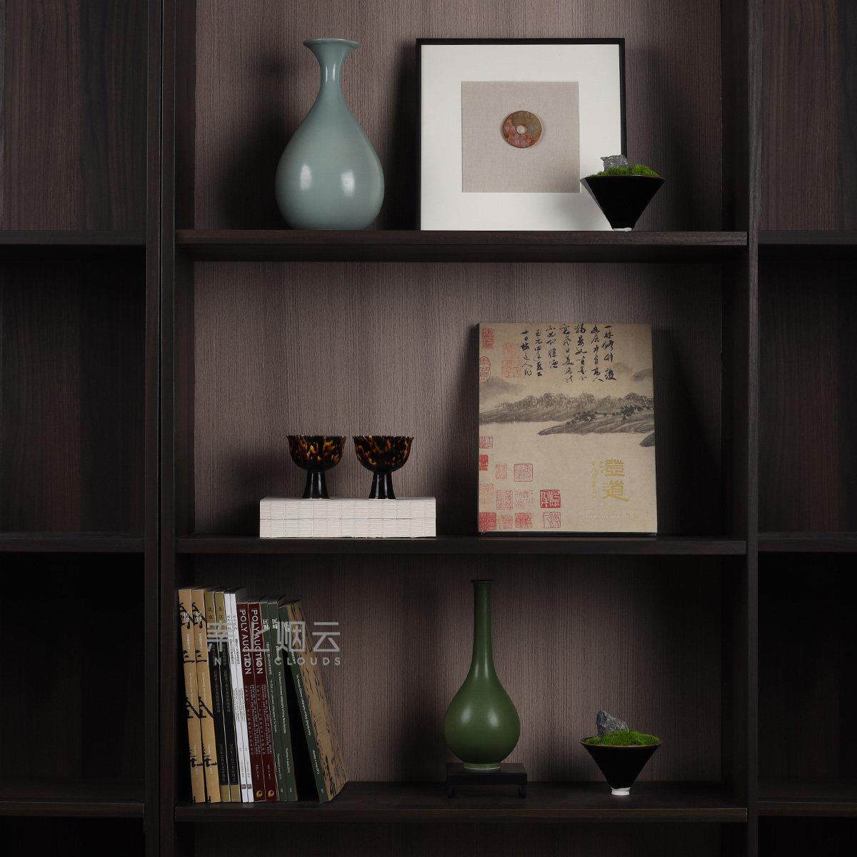 现代新中国风样板房售楼处会所书房书柜软装创意花盆图书装饰摆件