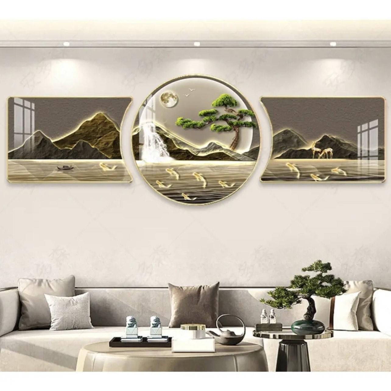 客厅装饰画晶瓷新中式挂画现代简约壁画圆形客厅画珠联璧合异形画