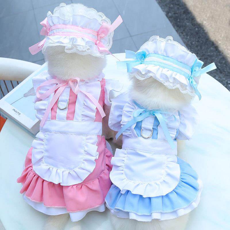 女仆亲子装宠物猫咪狗狗春夏衣服用品可挂牵引遛狗裙子法斗中型犬