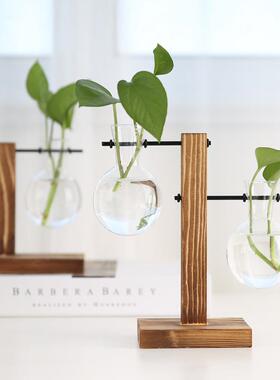创意木架水培花瓶 绿萝玻璃花瓶插花容器 桌面装饰家居摆件