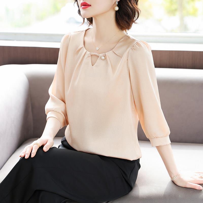 端庄大气妈妈夏装套装短袖桑蚕丝T恤洋派小衫中老年女真丝上衣服