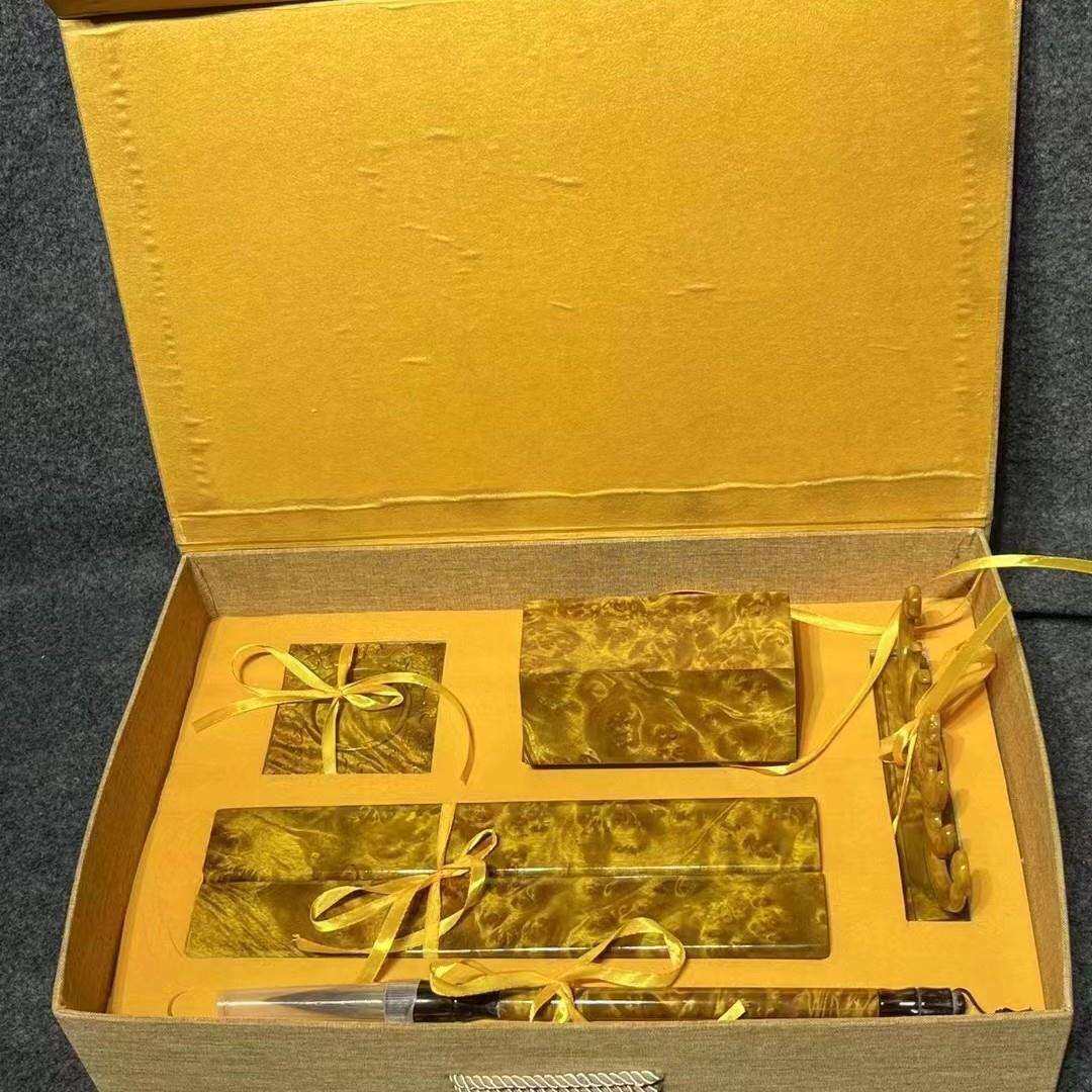 缅甸黄金樟满瘤疤文房四宝五件套金丝楠实木满水波木制品工艺品