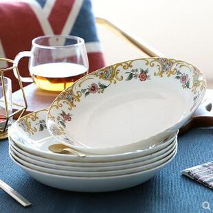 骨瓷盘子菜盘家用圆型8英寸饭盘深盘甜品欧式 组合 现货餐具6个套装