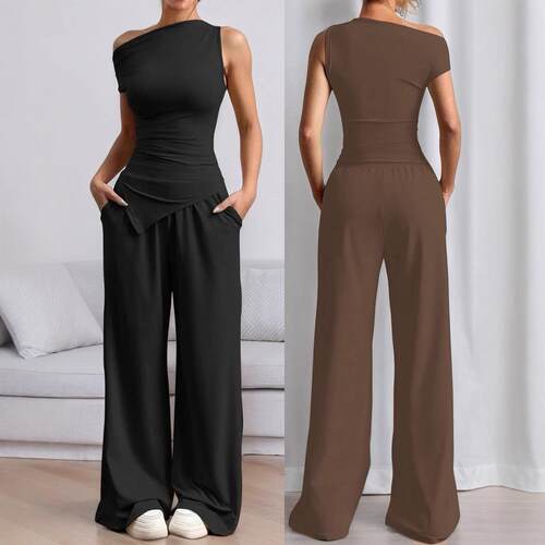 Women'S Solid Color Top & Wide Leg Pants Two-Piece Set