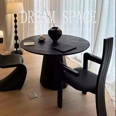 北欧实木餐桌黑色圆形咖啡桌家用极简圆形桌诧寂风白蜡木吃饭桌子