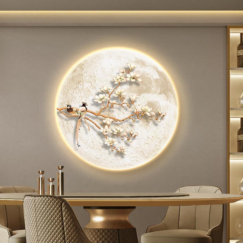 花好月圆客厅装饰画led氛围感灯画新中式餐厅墙上挂画沙发墙壁画