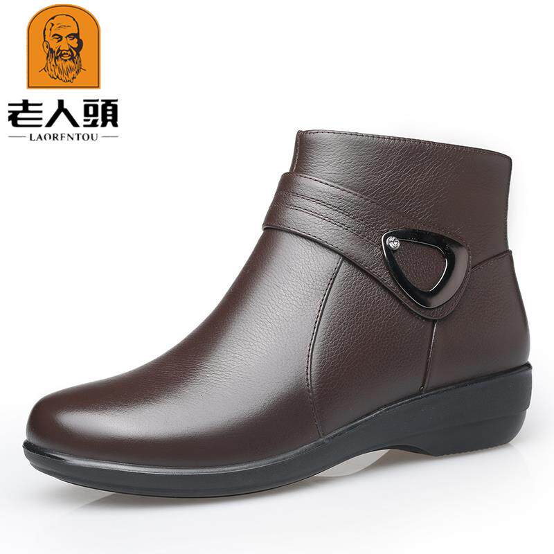 正品老人头女真皮冬季加绒保暖妈妈鞋高鞋帮棉鞋皮中粗跟靴子女年