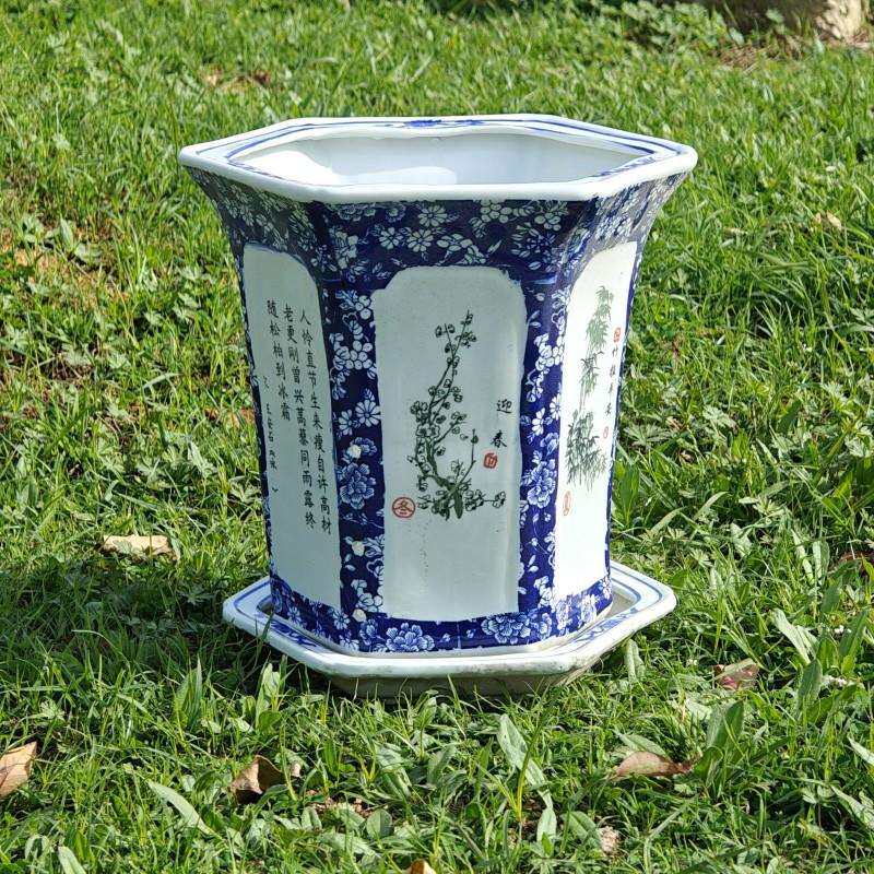 青花瓷陶瓷花盆大号花卉植物老庄盆吊兰兰花绿植阳台盆栽六角盆