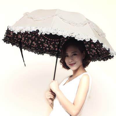 高档韩可版蕾丝晴雨折叠防晒抗U阳V两伞用遮阳伞女黑胶遮伞小巧携