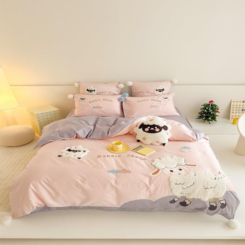 10套0S全棉长棉绒卡通小羊绣花四件套学生宿舍.12m被床品XX202410