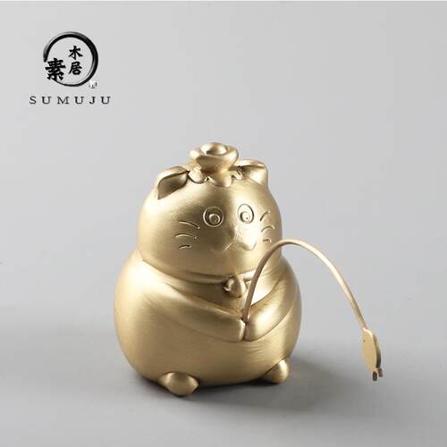 铜制创意手工精品可养茶宠茶盘摆件高档小猫钓鱼茶台茶玩招财猫