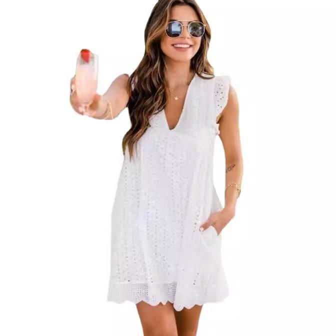 Lace jacquard hollow V-neck dress with pockets for women