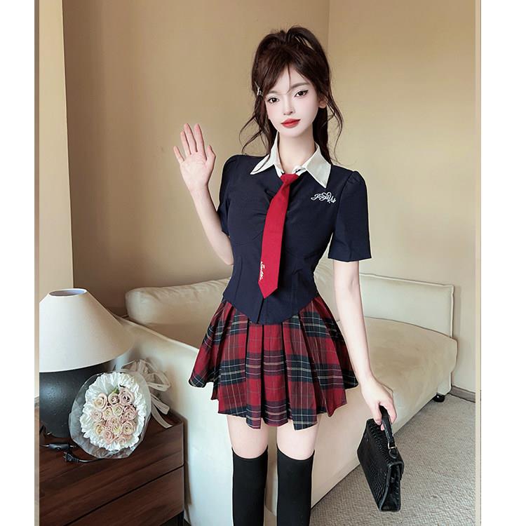 学院风辣妹纯欲制服收腰显瘦短袖衬衫百褶格子裙酒吧工作职业装