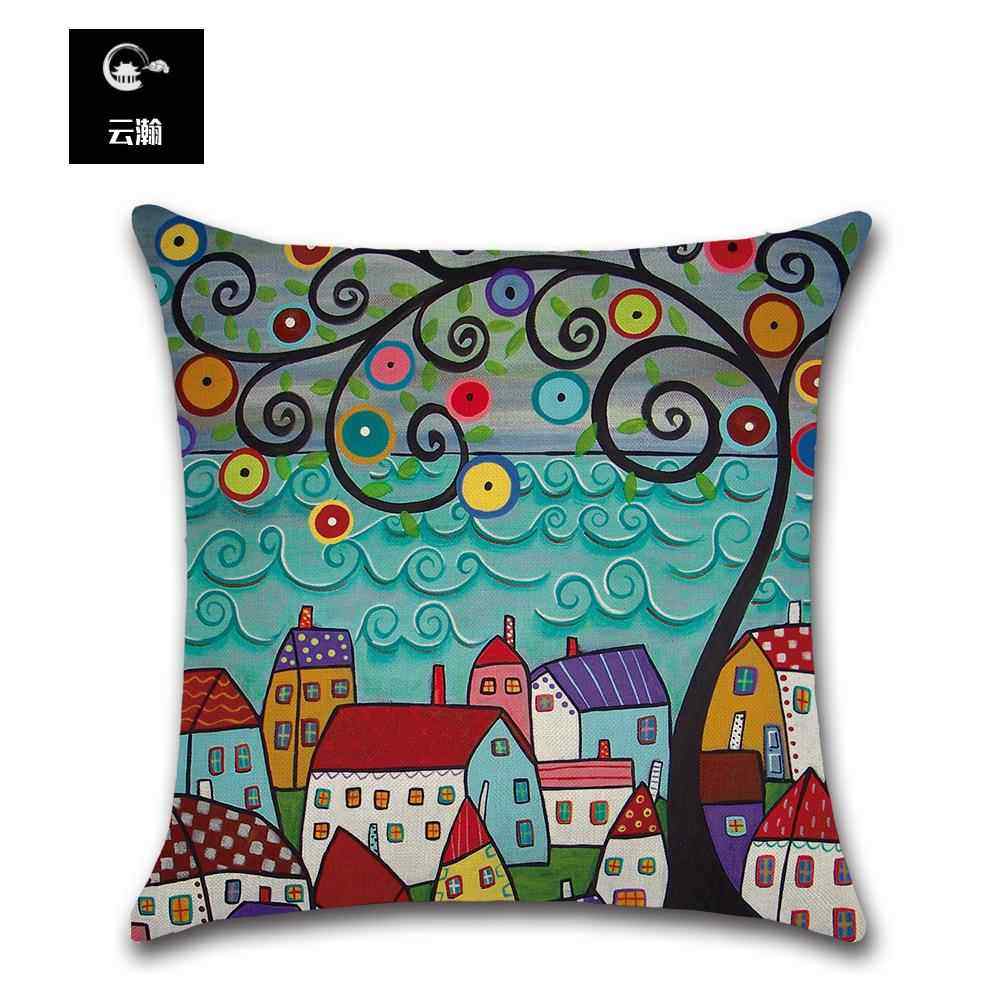 抽象房屋树木亚麻沙发装饰抱枕套 飘窗装饰靠枕套跨境热卖抱枕