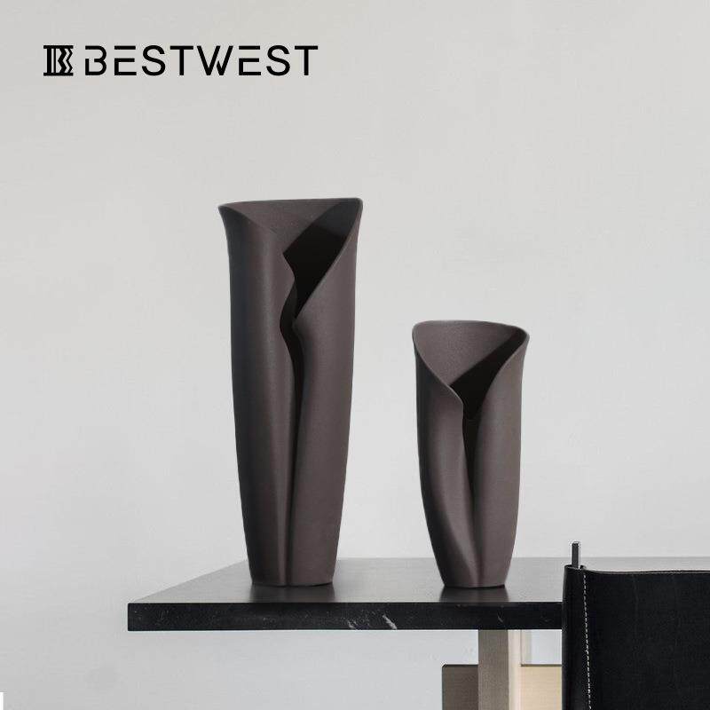 Bestwest棕色大肚抽象陶瓷花瓶摆件家居客厅花器创意艺术花器