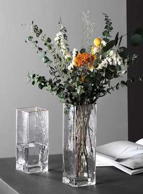 网红ins描金方形玻璃花瓶摆件透明水养插花轻奢客厅餐桌水培花器