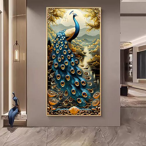 孔雀玄关装饰画入户进门走廊背景墙挂画新中式山水竖版大气壁画