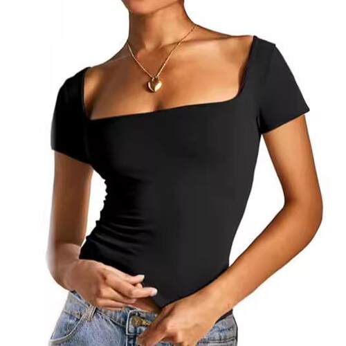 Square neck young women's shoulder T-shirt slimming short