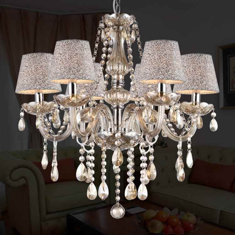 干邑色带灯罩6头水晶吊灯蜡烛灯酒店工程灯客厅餐厅灯楼梯玻璃灯