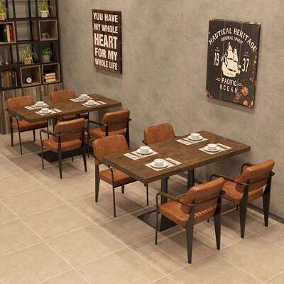 工桌业风长方形桌子西餐厅饭店实复木餐5960商用咖啡厅古艺铁桌椅