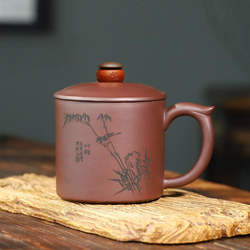 宜兴紫砂杯手工带盖杯直筒指环盖钮男士泡茶杯竹趣紫泥460ml盒装