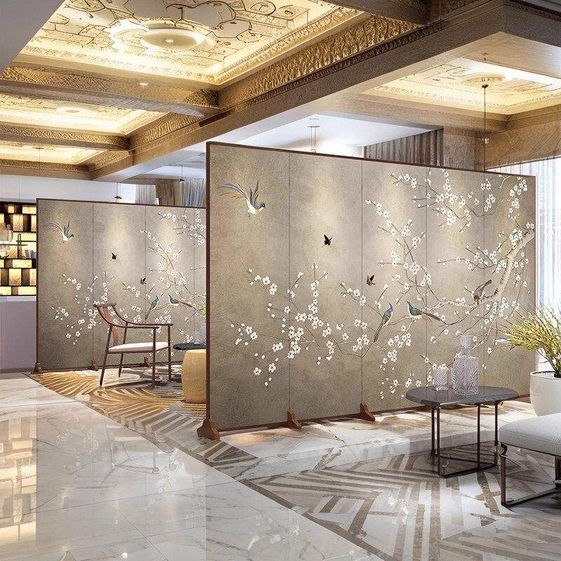 中式祥雀屏风隔断客厅办公室玄关卧室折叠移动入户门遮挡家用折屏