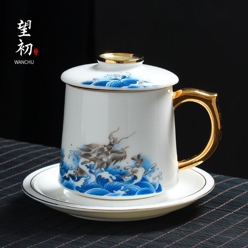 茶杯个人专用高端办公室茶水分离杯子陶瓷泡茶杯鎏银马克杯主人杯