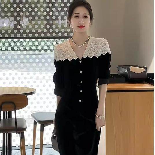 欧洲站春装女2026年新款女法式赫本风气质长裙黑色丝绒长袖洋装