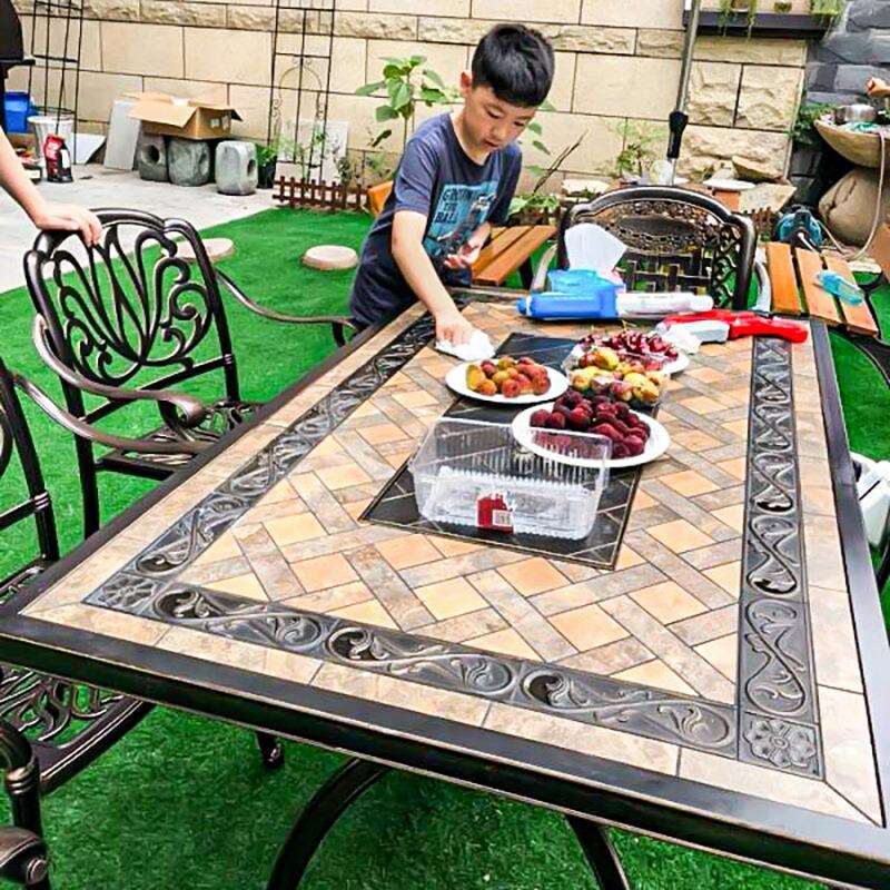 烧烤桌椅大理石铸铝别墅花园家商用炭电烤室外餐桌椅组合双炉烧烤