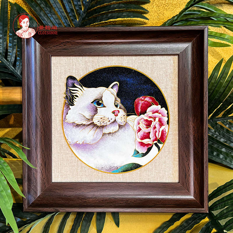 猫咪麻布底 送画框 景韵阁掐丝珐琅画diy材料包 国潮非遗手工釉料