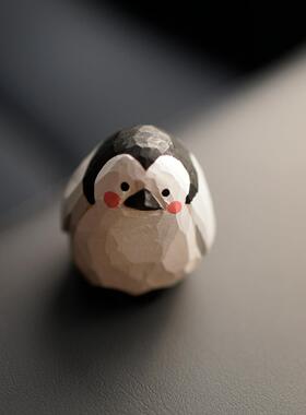 木雕自习室木雕企鹅饰品可爱的小动物书架橱柜显示器屏幕汽车装饰