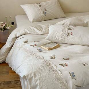 A类棉麻原木本色100支麻棉四件套高级花卉毛巾绣被套少女清新床品