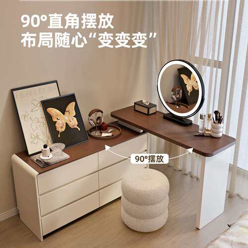 新款胡桃木中古奶油风卧室梳妆台现代简约斗柜一体化实木化妆台