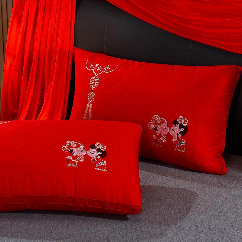 全棉婚庆枕头芯大红一对装枕芯刺绣柔软枕头结婚用送精美手提袋
