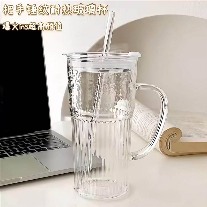 玻璃杯女生高颜值带把手吸管杯子大容量家用耐高温果汁杯花茶水杯