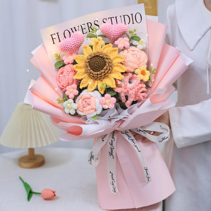 创意生日礼物成品手工针织玫瑰毛线 线花束彷真向日葵花朵送女友
