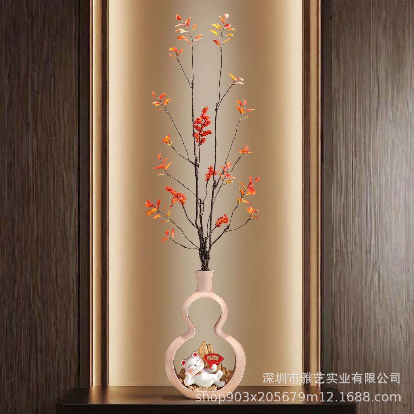 新中式招财猫葫芦花瓶客厅插花摆件干花仿真花桌面柜子复古装饰品