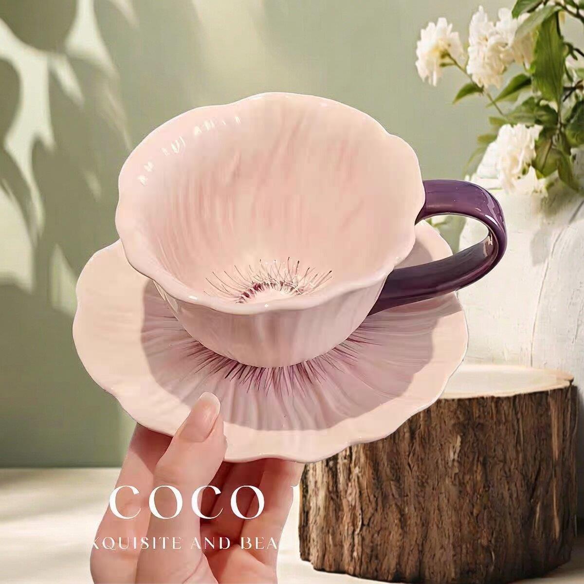 手绘风花朵陶瓷咖啡杯碟套装粉色马克杯新中式复古下午茶杯