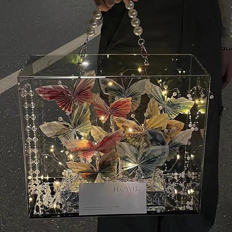亚克力花盒蝴蝶有钱花束diy材料发财树一帆风顺帆船摆件生日礼物