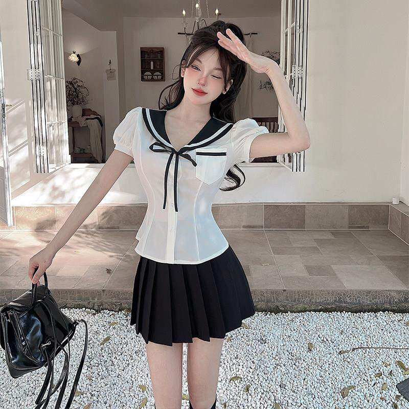 2026夏季新款学院风制服衬衫女甜美海军领收腰泡泡袖跳舞上衣潮