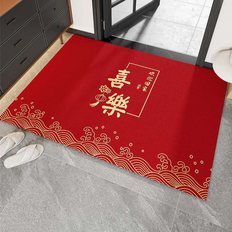 中式皮革入户门地垫PVC门垫红色可擦免洗脚垫子家用懒人防滑地毯