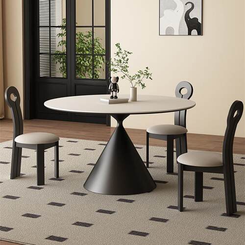 圆形岩板餐桌北欧简约侘寂风设计师家用小户型纯黑纯白饭桌椅组合