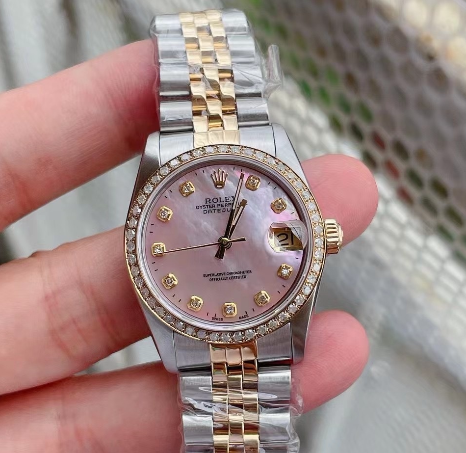 98新31mm劳力士日志型粉盘后镶钻18k黄金68273自动机械女手表正品