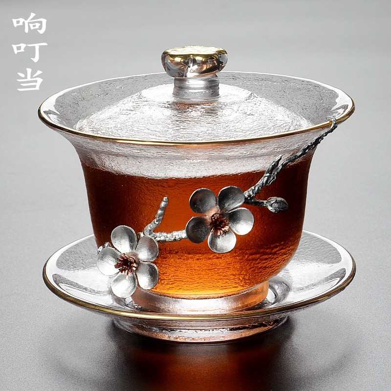 日式细纹麻面玻璃盖碗 加厚防烫泡茶碗 梅花锡制耐热透明三才盖碗