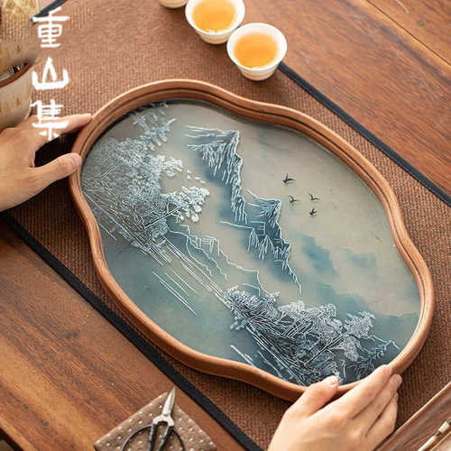 水果茶盘点心承简约山水竹制壶功夫茶室玻璃茶盘复古盘托盘茶具