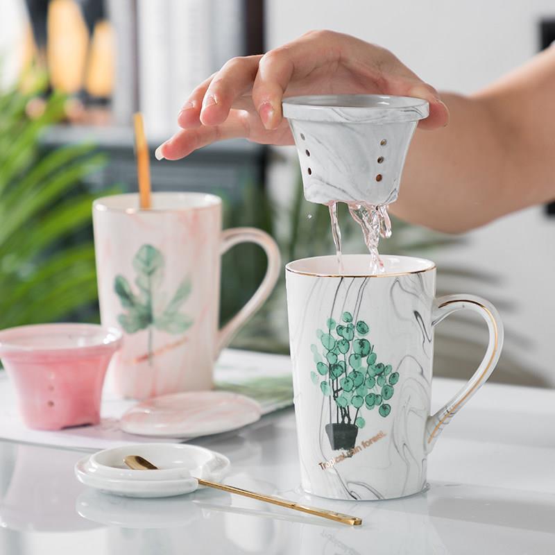 欧式茶杯陶瓷马克杯办公室泡茶杯子带盖勺子过滤陶瓷杯带茶漏茶隔
