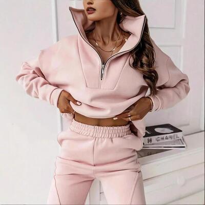 Women's Plain Color Solid Zipper Long Sleeve Top and Pants