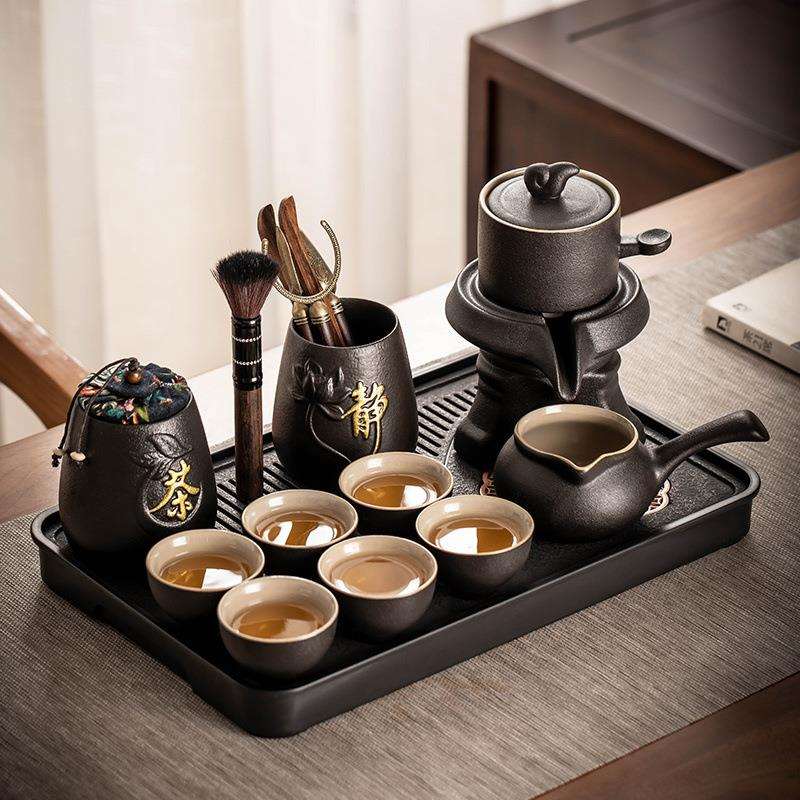 黑陶懒人自动茶具小套装家用石磨茶壶办公室全套功夫泡茶神器茶盘